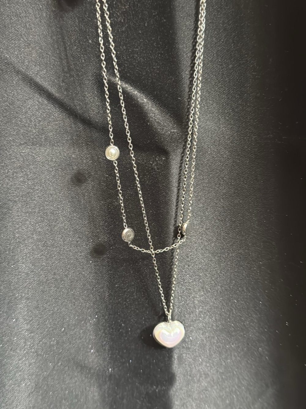 Layered Silver Necklace with White Heart Pendant